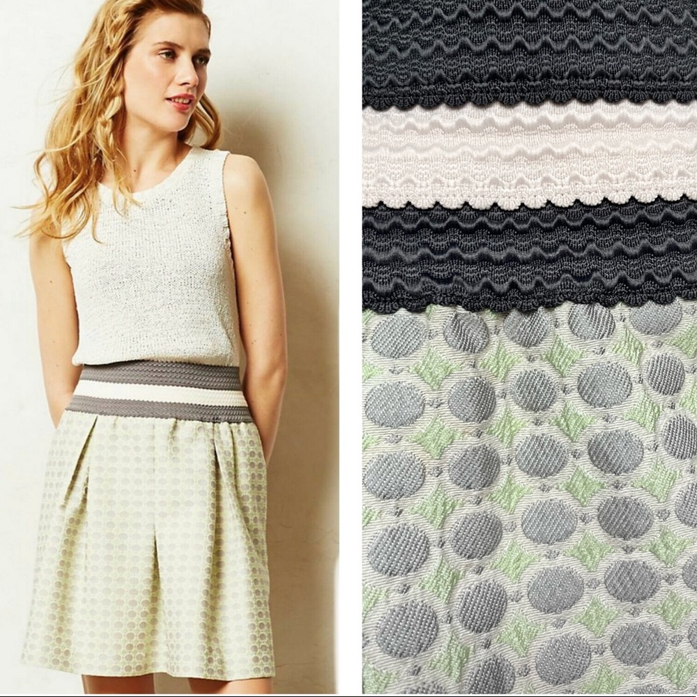NWOT ANTHROPOLOGIE Maeve Seren jacquard mint green gray polka dot skirt Small